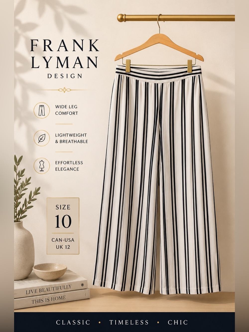 Frank Lyman Design Striped Wide Leg Pull-On Pants White Black Size 10